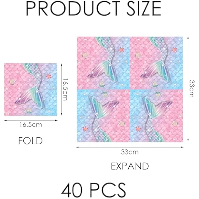 40 PIECES OF MERMAID PAPER TOWELS, CUTE NAPKINS, KIDS PARTY SUPPLIES, TABLECLOTH DECORATIONS, PARTY DECORATION SUPPLIES - Image 2